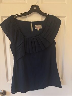 Baraschi: Bardot Navy Pleated Ruffle Cap-Sleeve Blouse Cotton